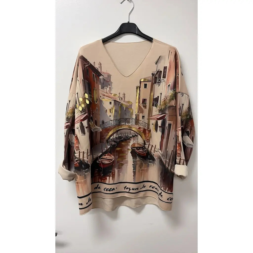 L1338 | Loowie Venice Canal Scene Printed Top | One Size S-L
